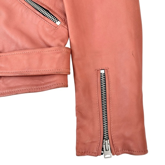 All Saints Balfern Biker Jacket - Coral Pink Red Lamb Leather Belted Jacket sz 6 - Picture 6 of 16
